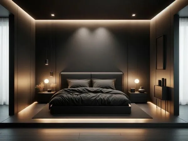 Camera da letto dopo la ristrutturazione. Stile moderno, luci soffuse. Preventivo per la ristrutturazione del tuo appartamento a Milano