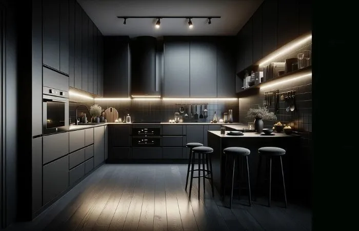 Cucina moderna nera e luci soffuse. Preventivo ristrutturazione appartamento Milano