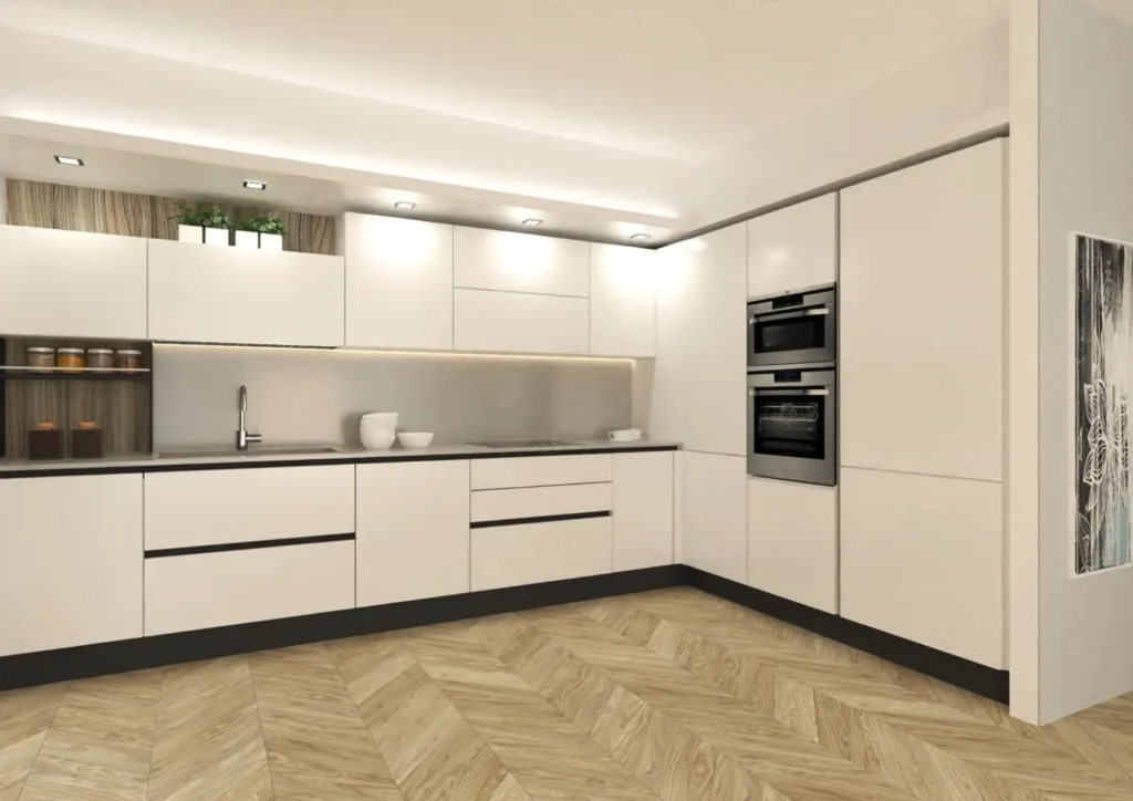 Rendering per progetto di interior design per cucina e soggiorno