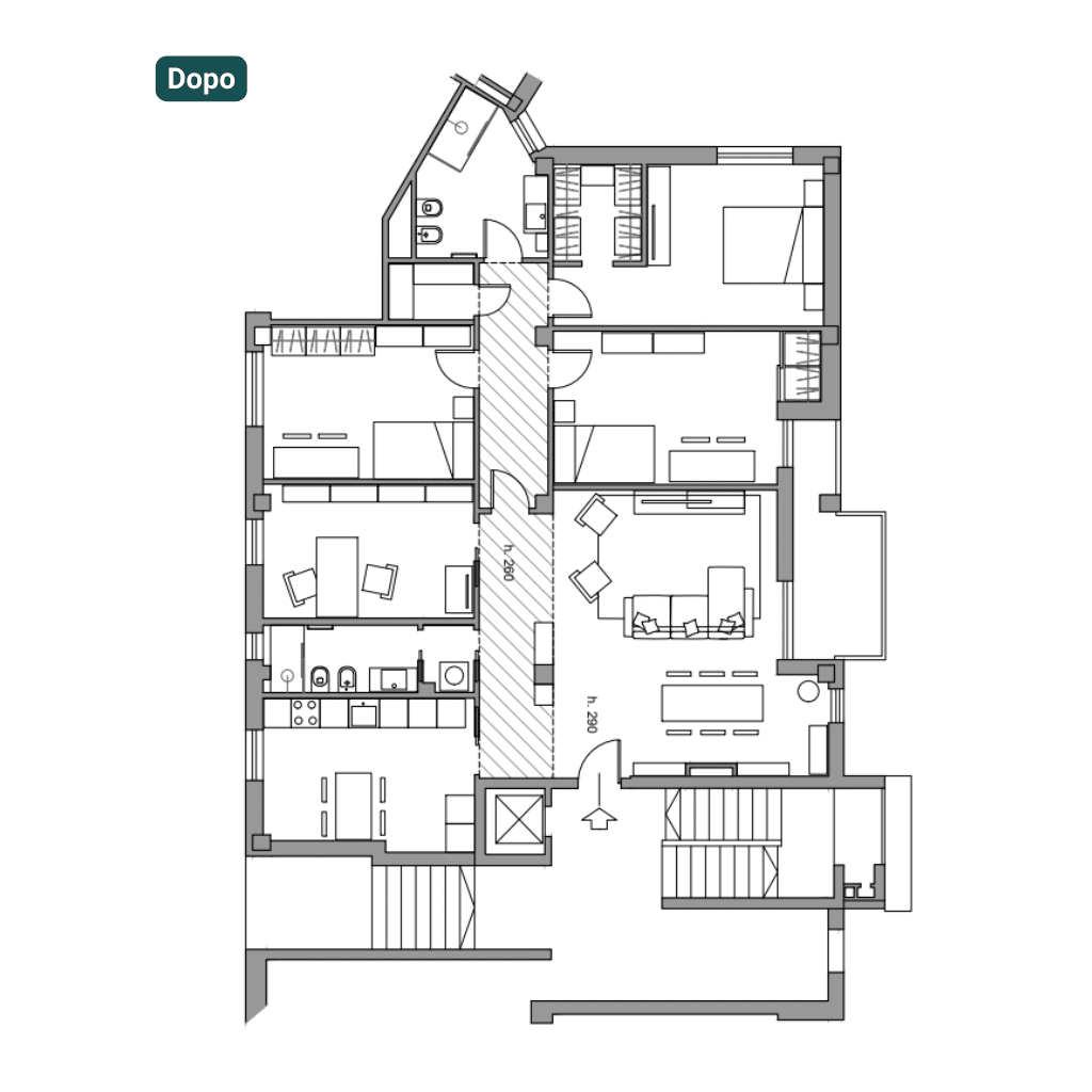 Planimetria del progetto di ristrutturazione di un appartamento di 100 mq a Milano con nuova distribuzione degli spazi.